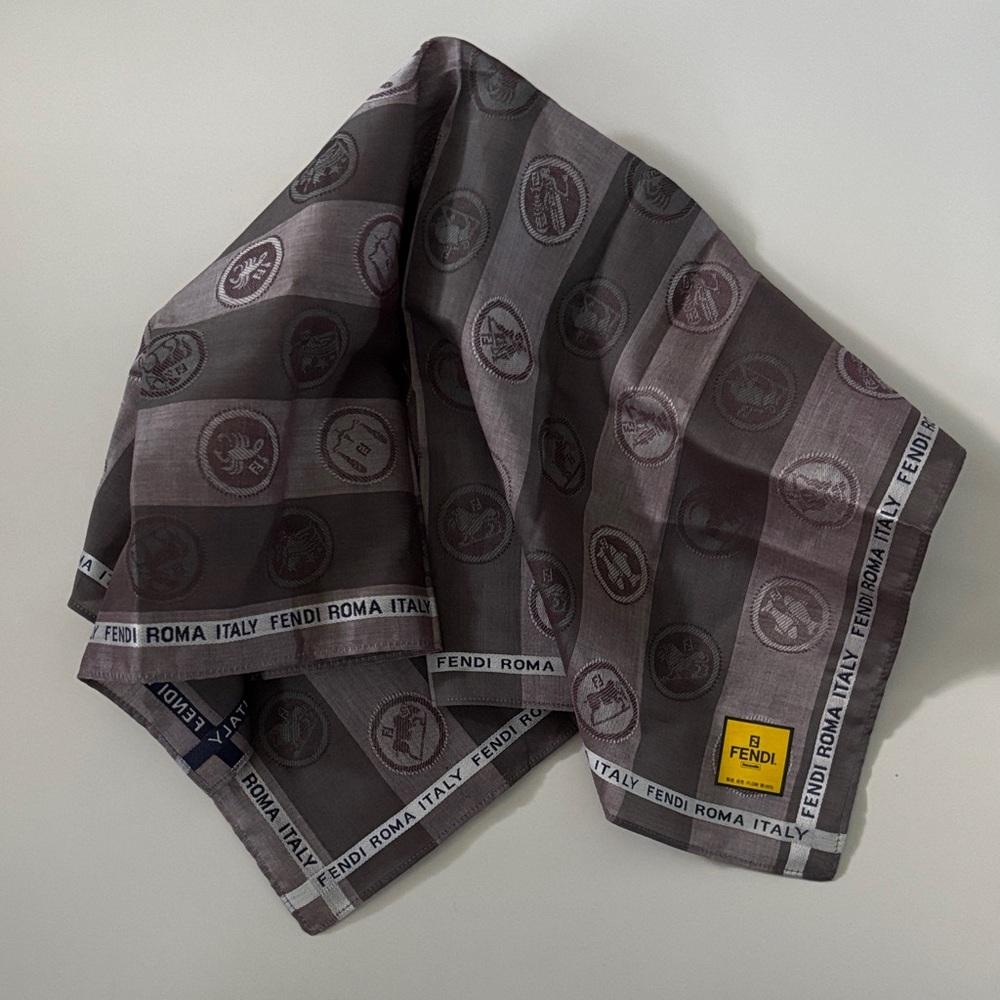 Fendi Roma Italy Zodiac Scarf Handkerchief Pocket Square gray black stripes 18” - Picture 8 of 14